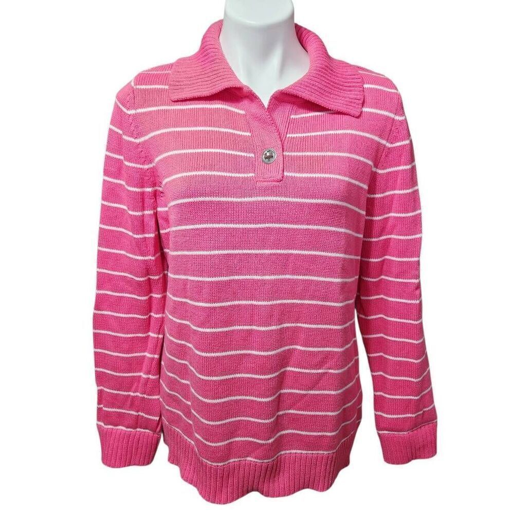 Liz‎ Claiborne turn lock neck collared sweater pink white stripe XL cotton